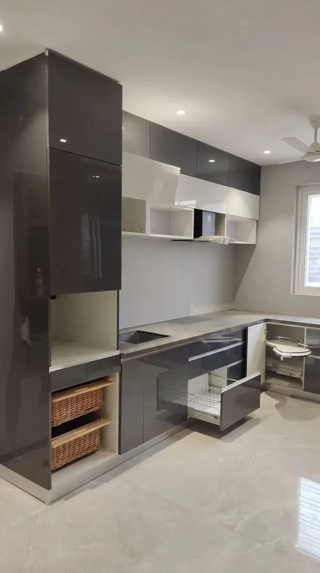 Grey Gloss Kitchen with Tall Unit — Smart Furniture