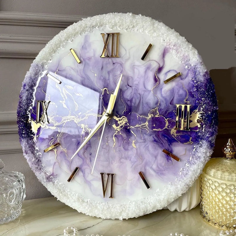 Purple And White Abstract Epoxy Resin Wall Clock For Home Decor-0