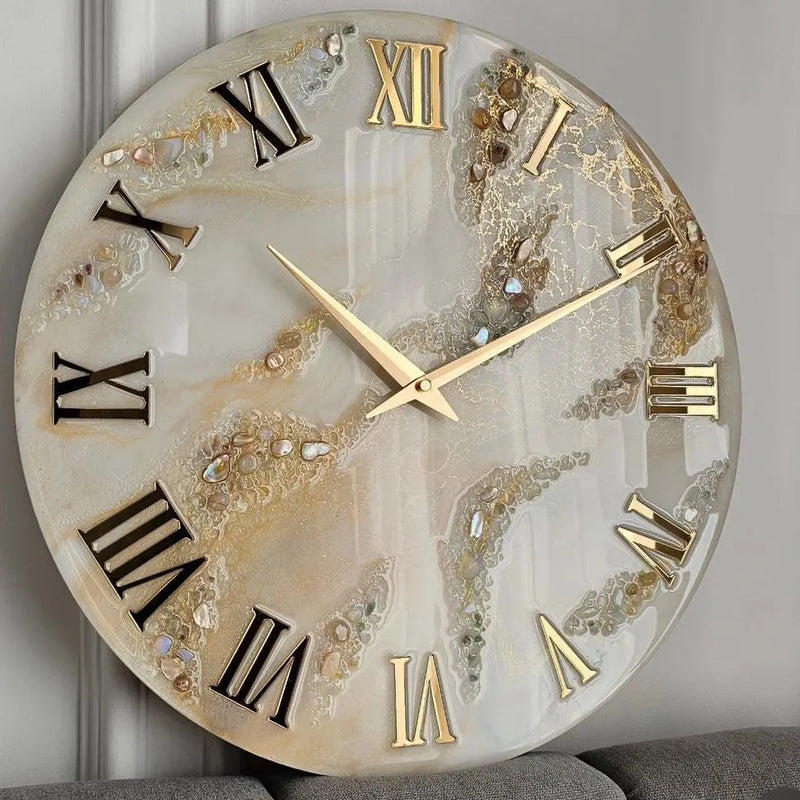 White And Golden Abstract Epoxy Resin Wall Clock For Home Decor-0