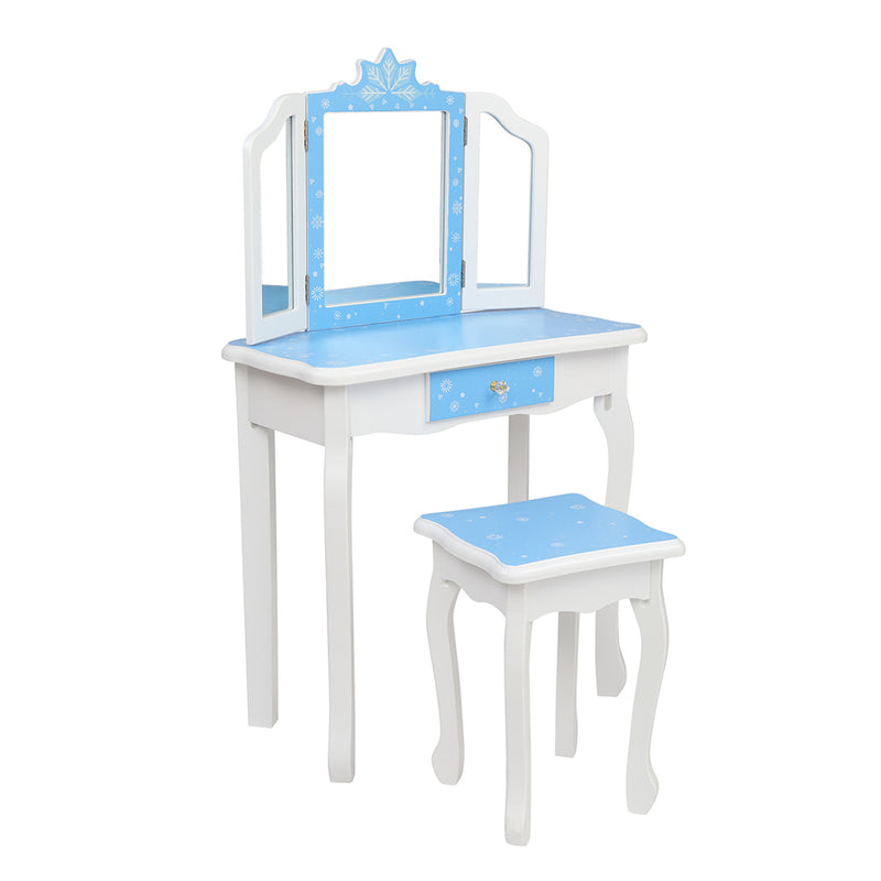 Children's Wooden Dressing Table Three-Sided Folding Mirror Dressing Table Chair Single Drawer Blue Snowflake Style