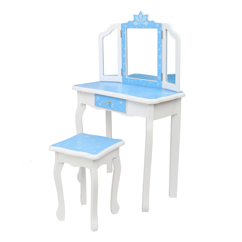 Children's Wooden Dressing Table Three-Sided Folding Mirror Dressing Table Chair Single Drawer Blue Snowflake Style