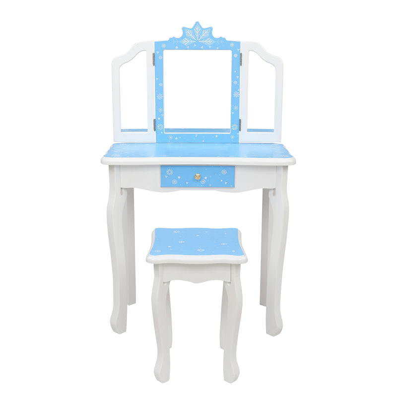 Children's Wooden Dressing Table Three-Sided Folding Mirror Dressing Table Chair Single Drawer Blue Snowflake Style