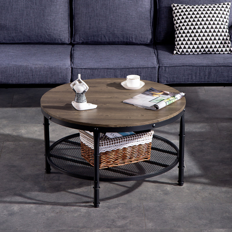 Double Wood Grain Coffee Table 80 Round MDF Iron Mesh