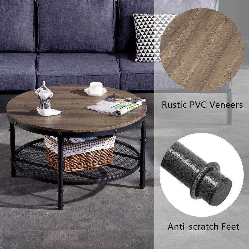 Double Wood Grain Coffee Table 80 Round MDF Iron Mesh