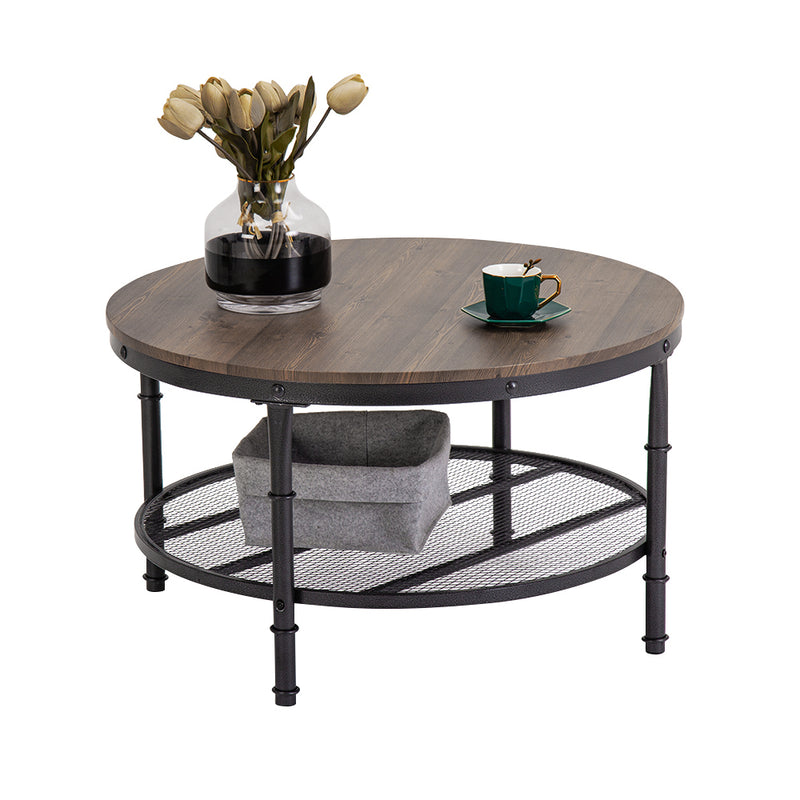 Double Wood Grain Coffee Table 80 Round MDF Iron Mesh