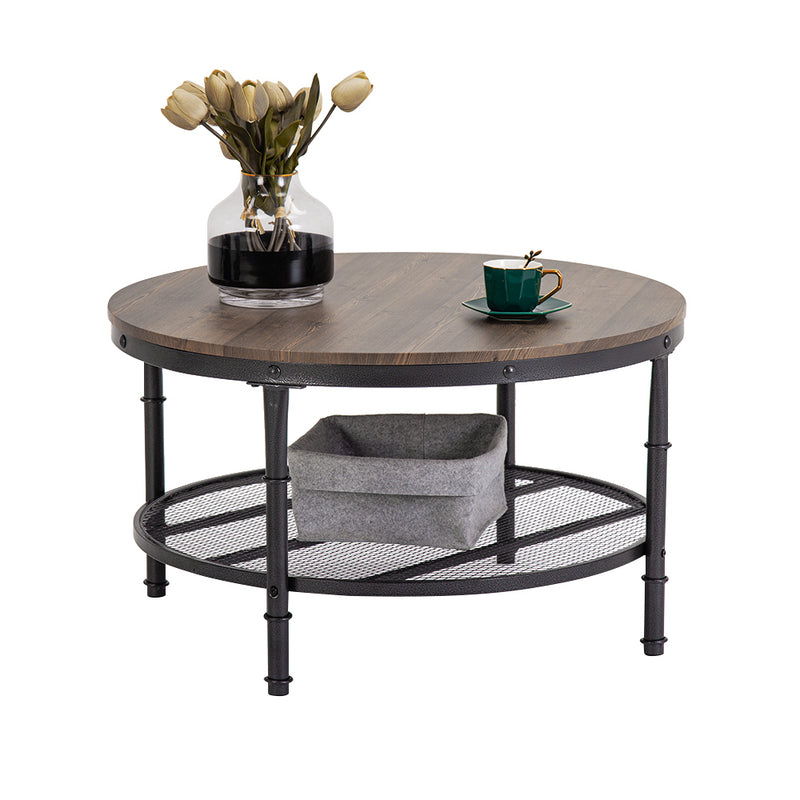 Double Wood Grain Coffee Table 80 Round MDF Iron Mesh