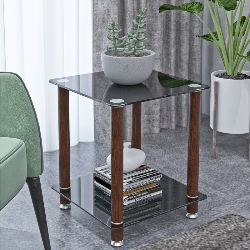 1-Piece Black + Walnut Side Table , 2-Tier Space End Table