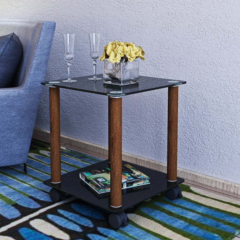 1-Piece Black + Walnut Side Table , 2-Tier Space End Table