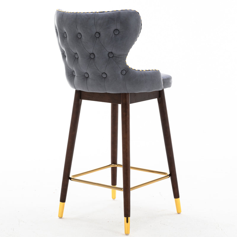 Tufted Gold Nailhead Trim Gold Decoration Bar stools,Set of 2 (Stone Blue)