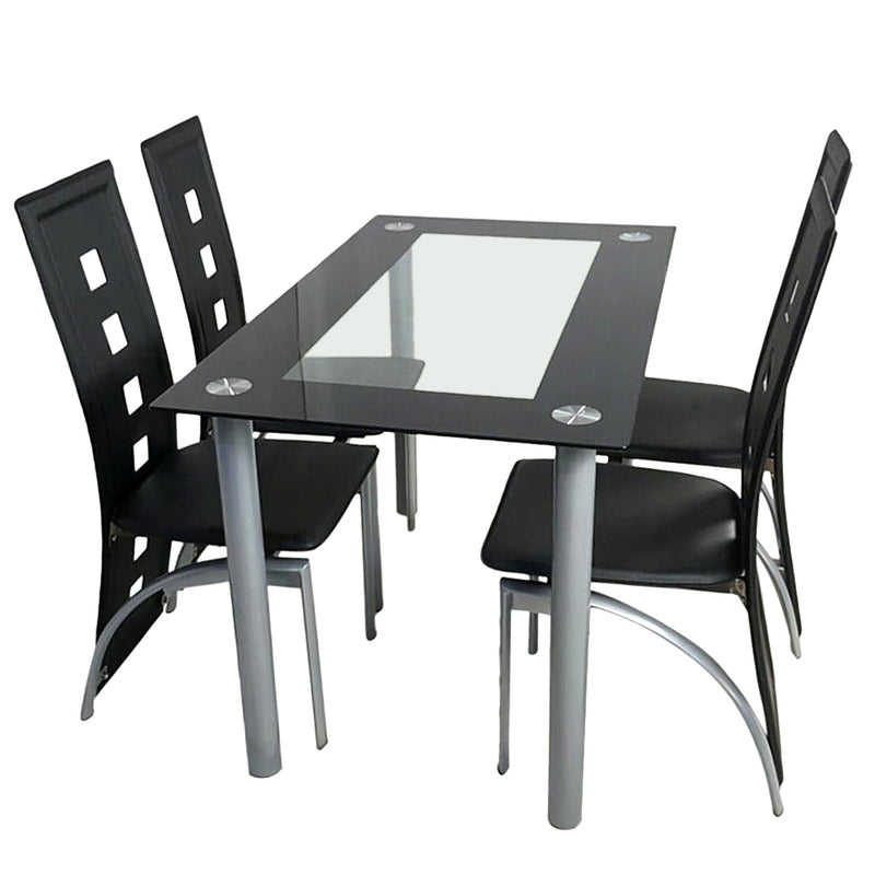 5 Pieces Dining Table Set for 4, Kitchen Room Tempered Glass Dining Table, 4 Chairs, Black，Table legs are silvery