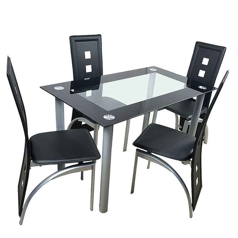 5 Pieces Dining Table Set for 4, Kitchen Room Tempered Glass Dining Table, 4 Chairs, Black，Table legs are silvery