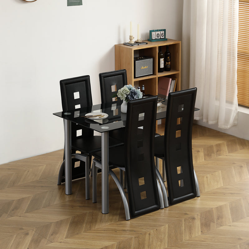 5 Pieces Dining Table Set for 4, Kitchen Room Tempered Glass Dining Table, 4 Chairs, Black，Table legs are silvery