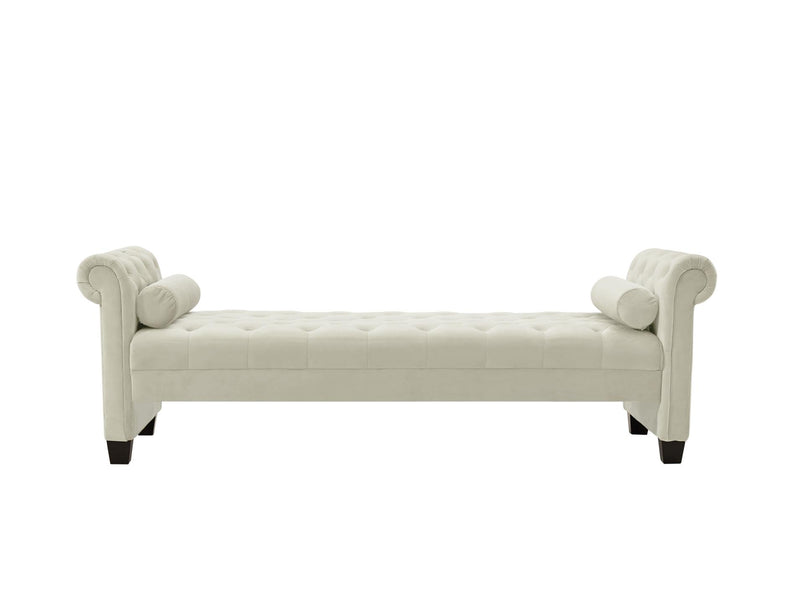 Ivory, Solid Wood Legs Velvet Rectangular Sofa Bench with Attached Cylindrical Pillows