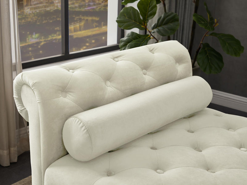 Ivory, Solid Wood Legs Velvet Rectangular Sofa Bench with Attached Cylindrical Pillows