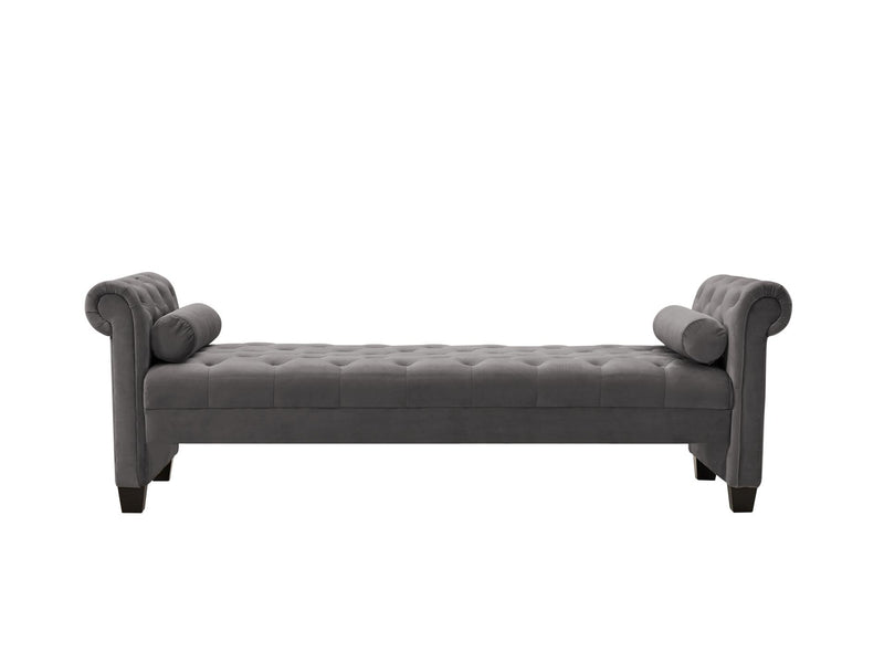 Solid Wood Legs Velvet Rectangular Sofa Bench with Attached Cylindrical Pillows