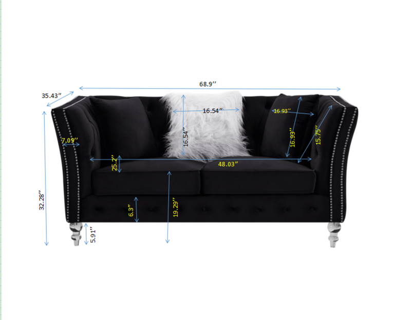 Black, Velvet, Two-Seater Sofa, Acrylic Feet, Cushion Combination Lounge Sofa