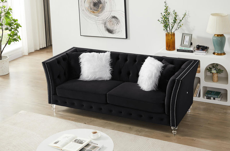 Black, Velvet, Three-Seater Sofa, Acrylic Feet, Cushion Combination Lounge Sofa