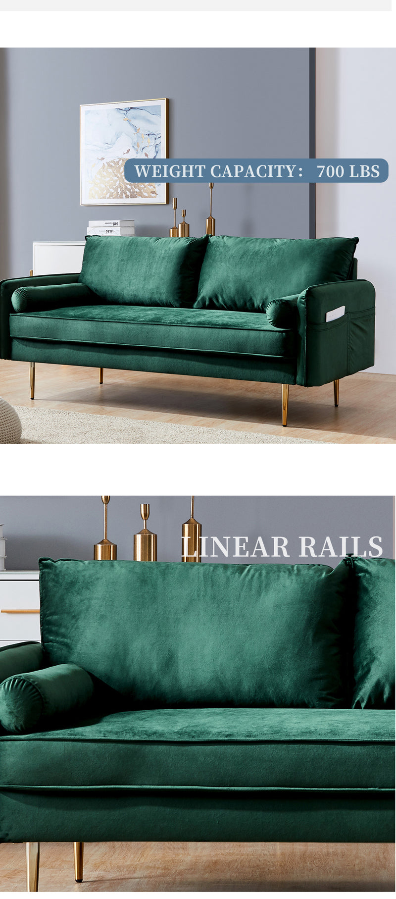 Velvet Fabric sofa with pocket-71‘’green