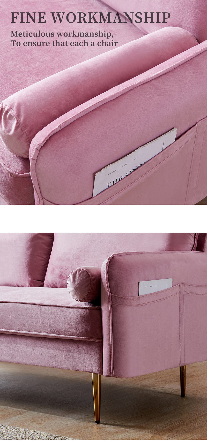 Velvet Fabric sofa with pocket-71‘’pink