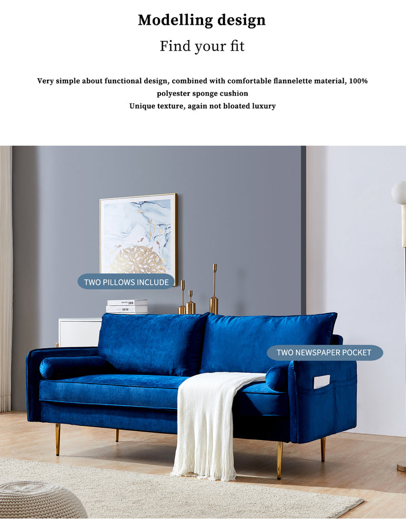 Velvet Fabric sofa with pocket-71‘’blue