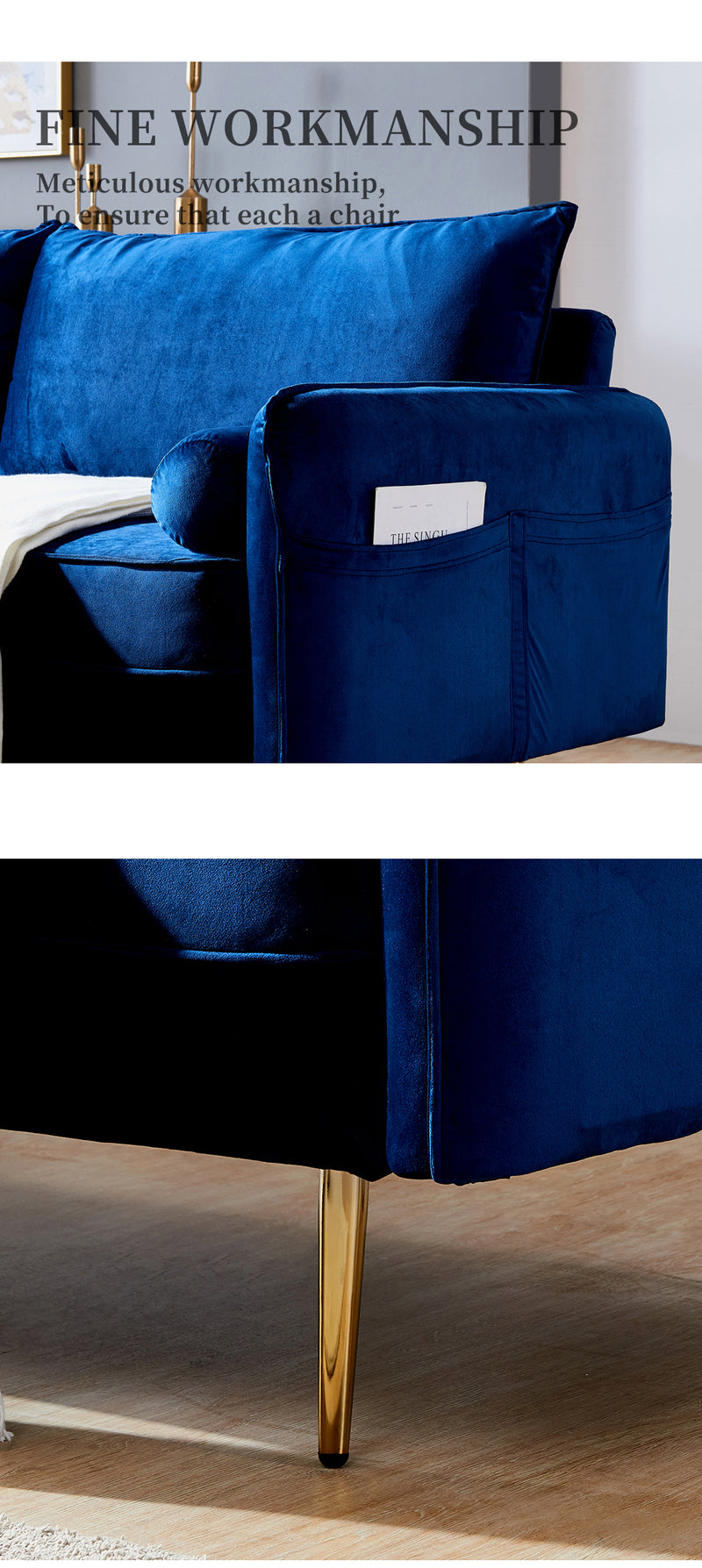 Velvet Fabric sofa with pocket-71‘’blue