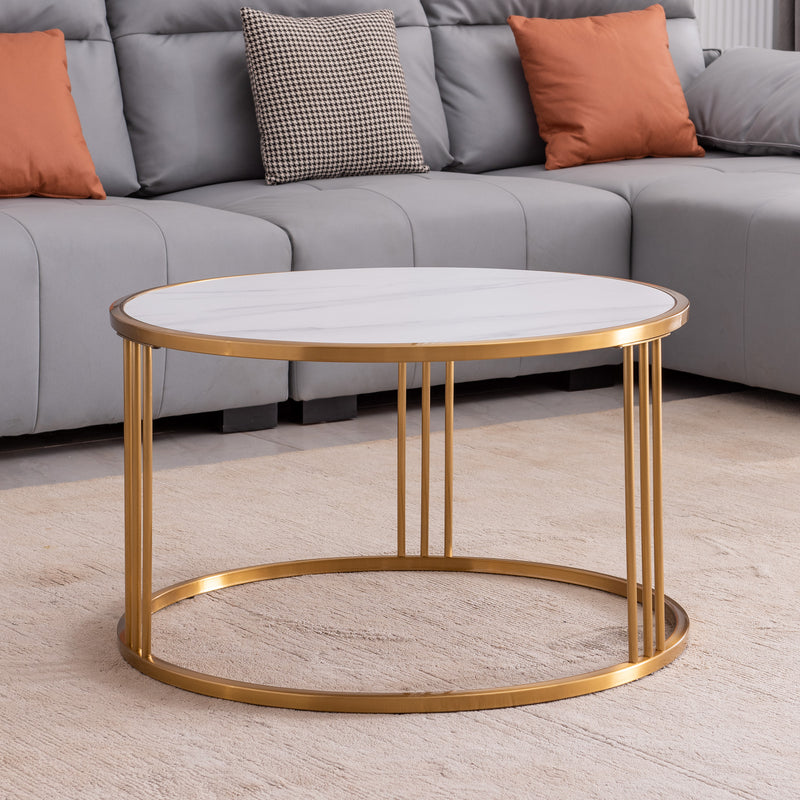 Slate/Sintered stone round coffee table with golden stainless steel frame