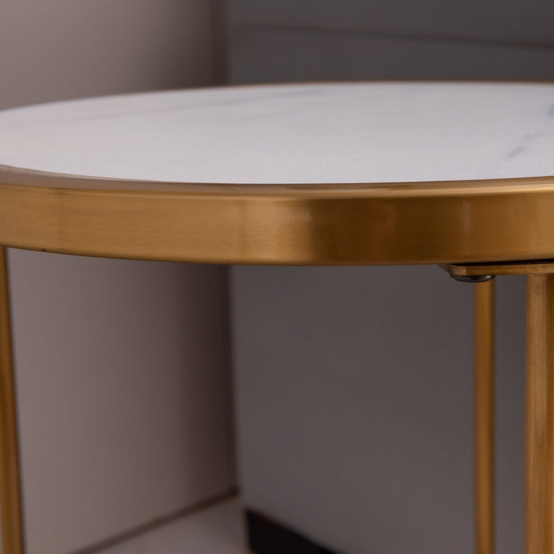 stone round side/end table with golden stainless steel frame