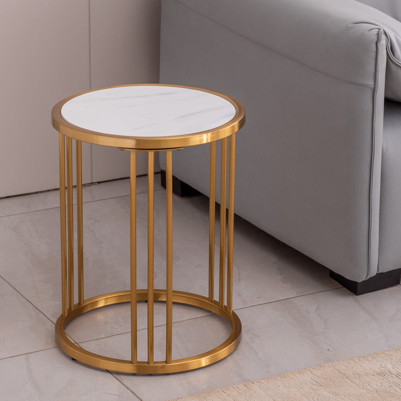 stone round side/end table with golden stainless steel frame