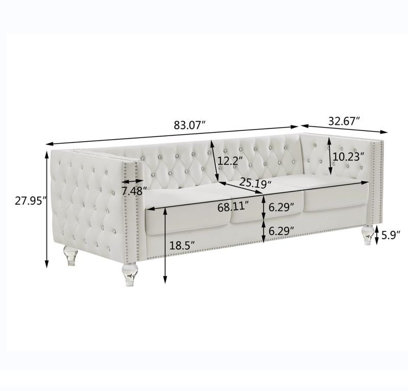 Beige, Three-seater Sofa, Velvet Crystal Buckle Upholstery Sofa,