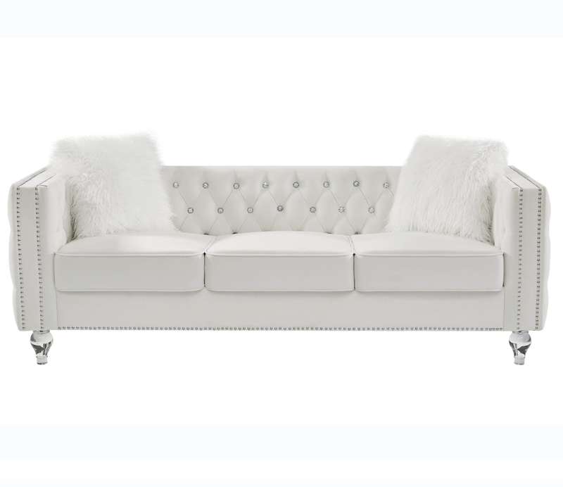 Beige, Three-seater Sofa, Velvet Crystal Buckle Upholstery Sofa,