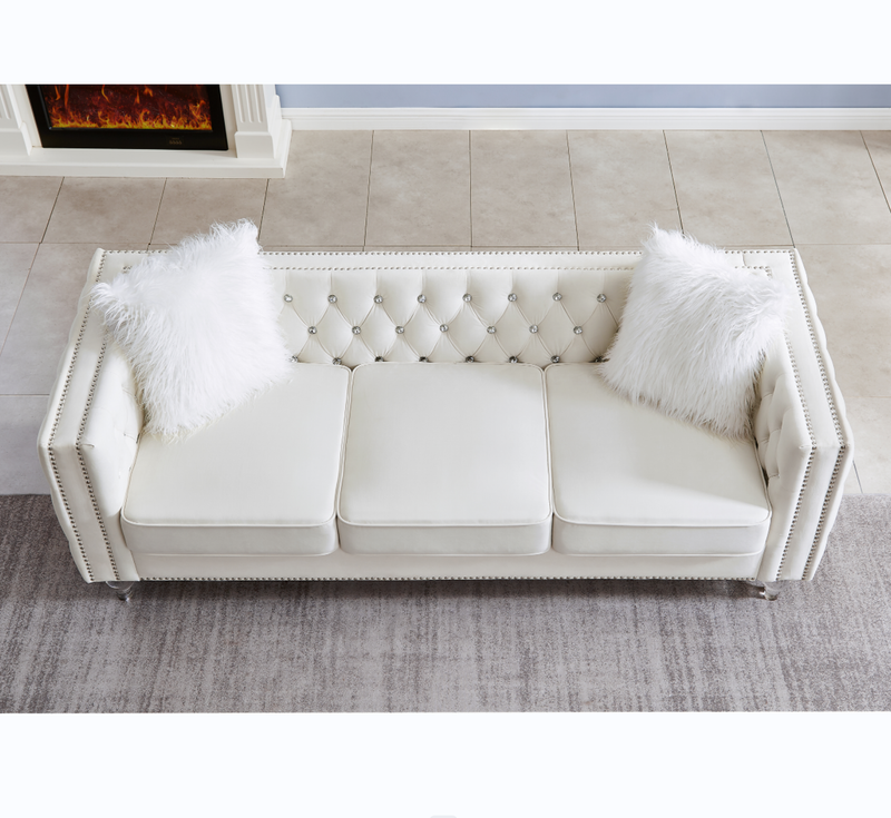 Beige, Three-seater Sofa, Velvet Crystal Buckle Upholstery Sofa