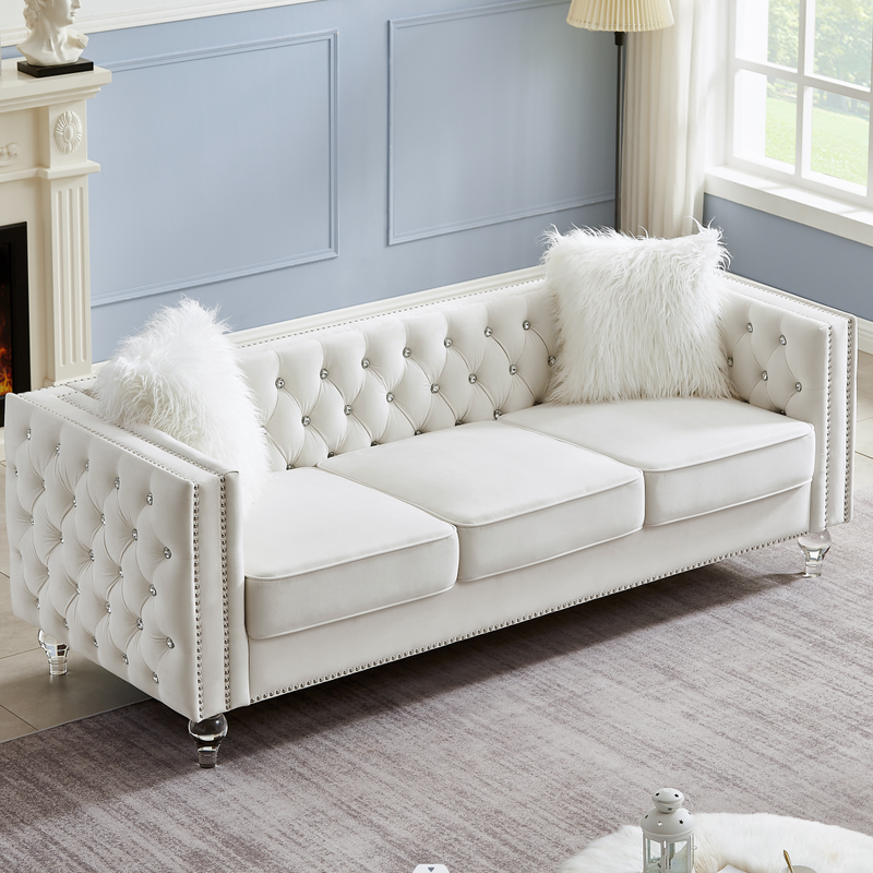 Beige, Three-seater Sofa, Velvet Crystal Buckle Upholstery Sofa