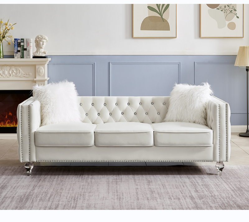 Beige, Three-seater Sofa, Velvet Crystal Buckle Upholstery Sofa,