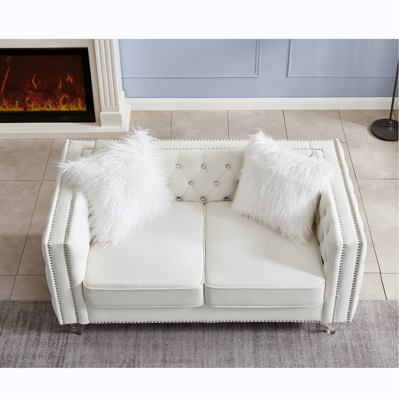 Beige, Two-seater Sofa, Velvet Crystal Buckle Upholstery Sofa