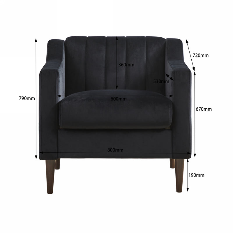 Modern velvet fabric single person sofa side chair with solid wood legs, used in bedroom, living room and office-Black