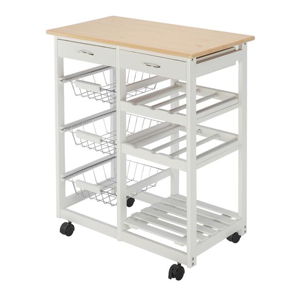 Moveable Kitchen Cart with Two Drawers & Two Wine Racks & Three Baskets White