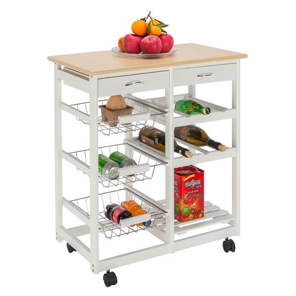 Moveable Kitchen Cart with Two Drawers & Two Wine Racks & Three Baskets White