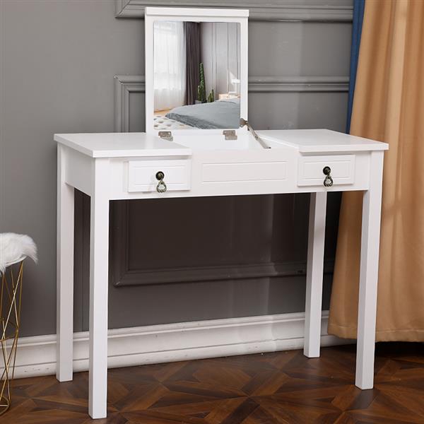 【】Flip Single Mirror Double Drawers Straight Feet Dresser White