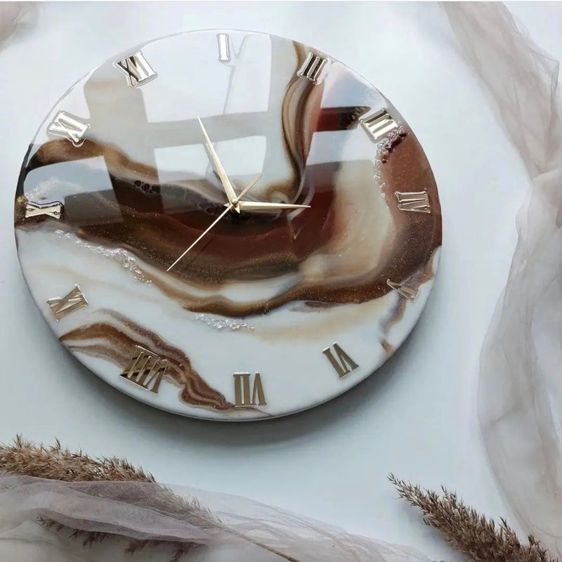 Brown and White Abstract Epoxy Resin Wall Clock For Home Decor-0