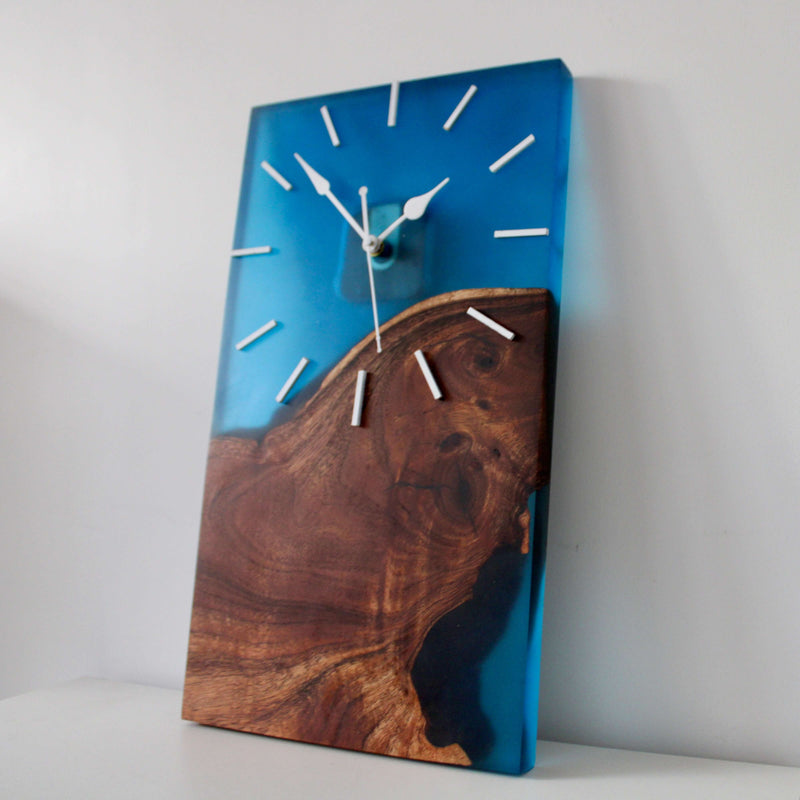 Blue and Wooden Rectangle Abstract Epoxy Resin Wall Clock For Home Decor-1