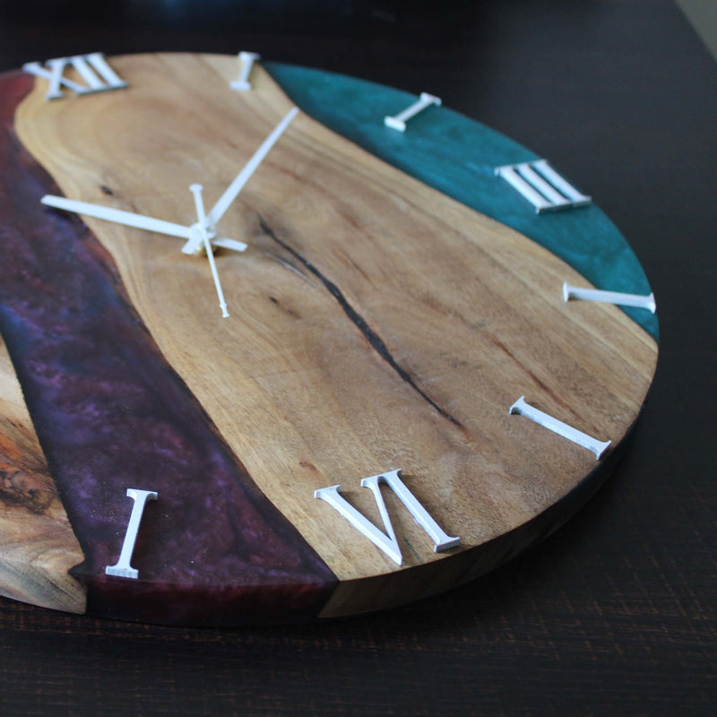 Red Blue and Wooden Abstract Epoxy Resin Wall Clock For Home Decor-1