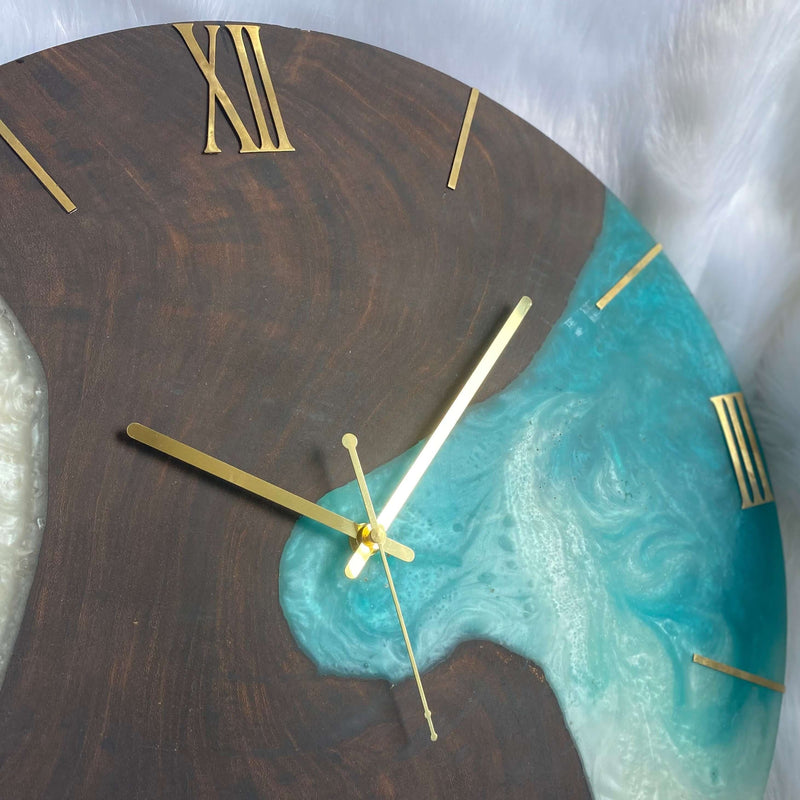 Blue White and Wooden Abstract Epoxy Resin Wall Clock For Home Decor-2