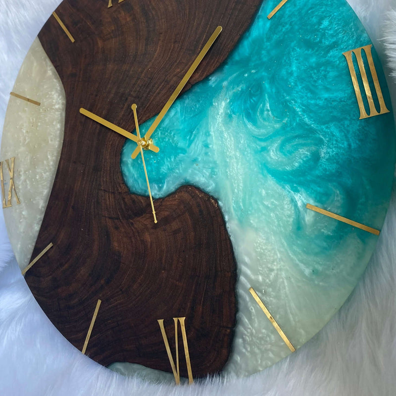 Blue White and Wooden Abstract Epoxy Resin Wall Clock For Home Decor-1