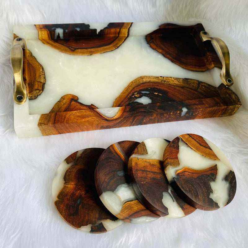 White and Wooden Epoxy Resin Tray with Set of 4 Coasters-0