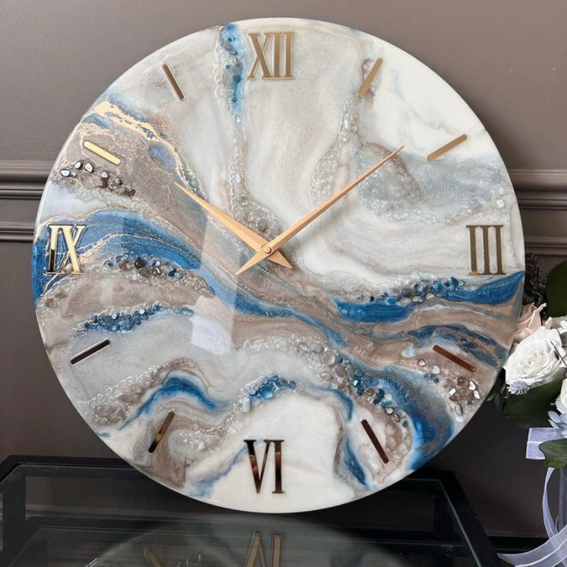 Blue White and Golden Abstract Epoxy Resin Wall Clock For Home Decor-0