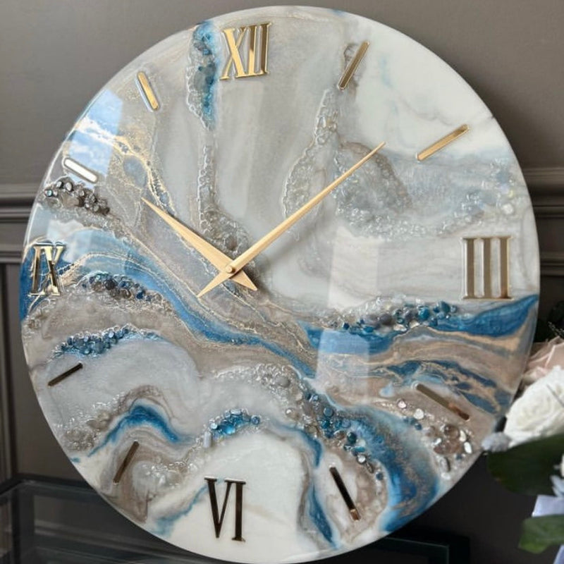 Blue White and Golden Abstract Epoxy Resin Wall Clock For Home Decor-2