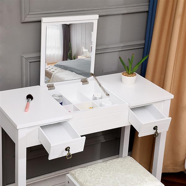 【】Flip Single Mirror Double Drawers Straight Feet Dresser White