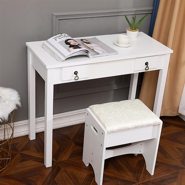 【】Flip Single Mirror Double Drawers Straight Feet Dresser White