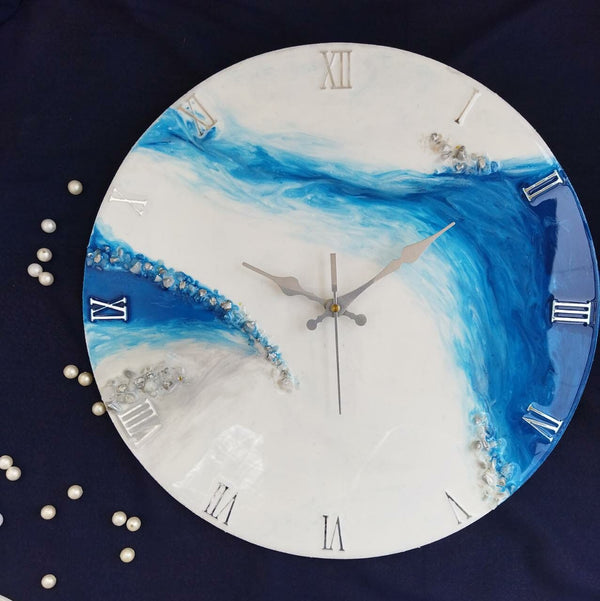 White And Blue Abstract Alcoholic Ink Wall Clock For Home Decor-0