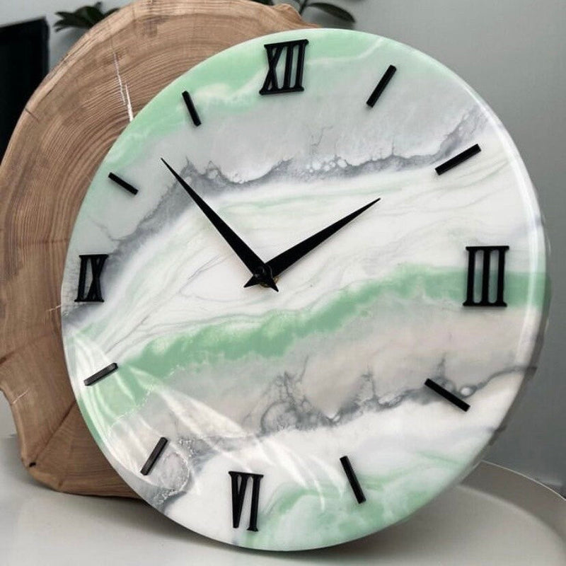 Green And Grey Abstract Epoxy Resin Wall Clock For Home Decor-0